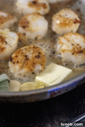 basting scallops in butter with sage and garlic