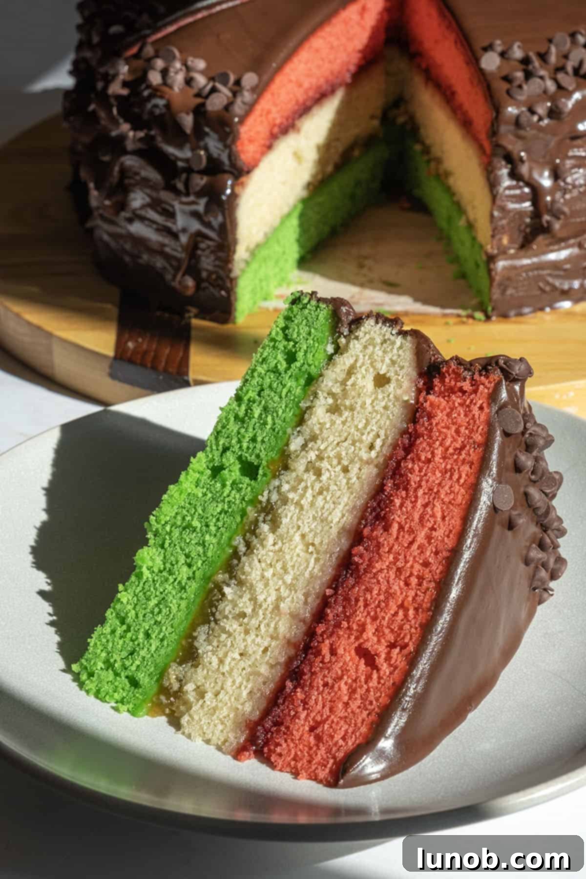 Vibrant Rainbow Cookie Cake with three colored layers and chocolate ganache