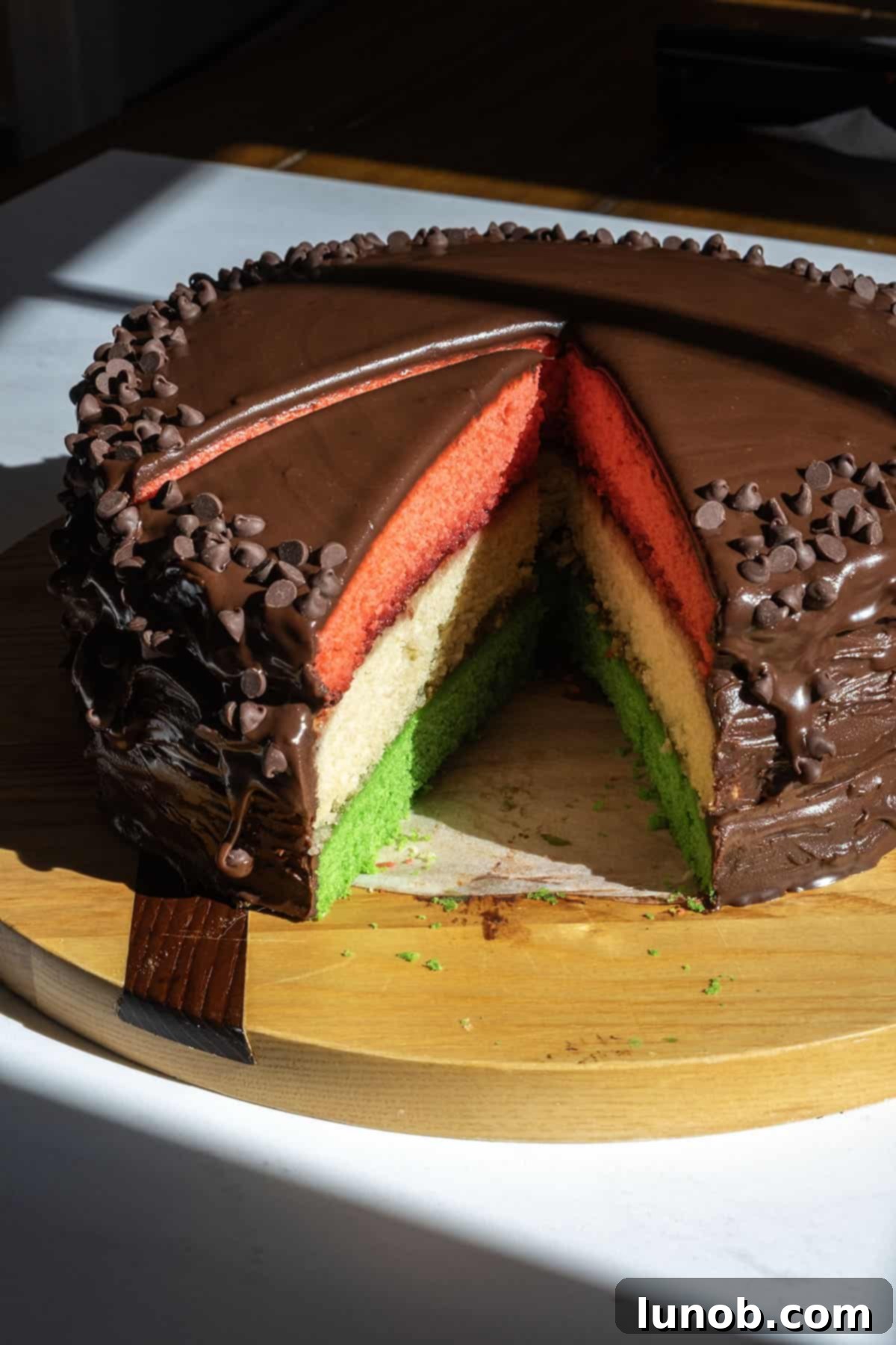 A beautifully sliced Rainbow Cookie Cake revealing the vibrant layers