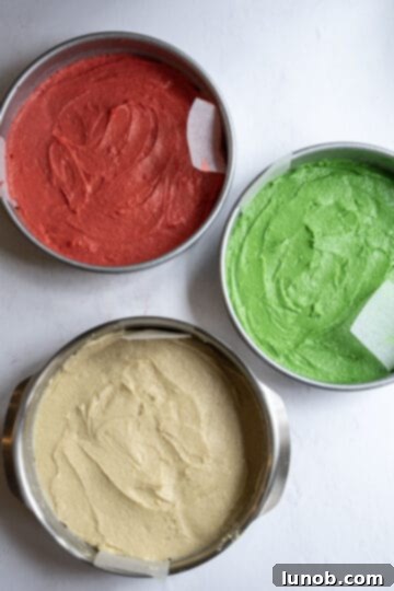 Colored cake batters transferred to three separate cake pans
