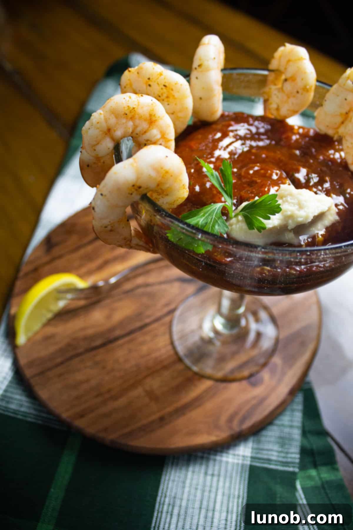 Shrimp Cocktail with Extra spicy cocktail sauce, garnished and ready to serve
