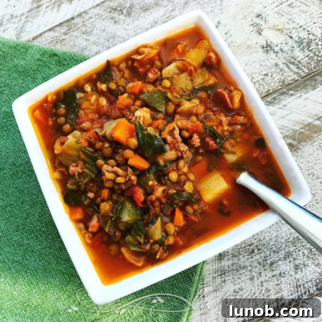Hearty Sausage and Lentil Stew 2 Hearty Italian Lentil Stew with Sausage with crusty bread
