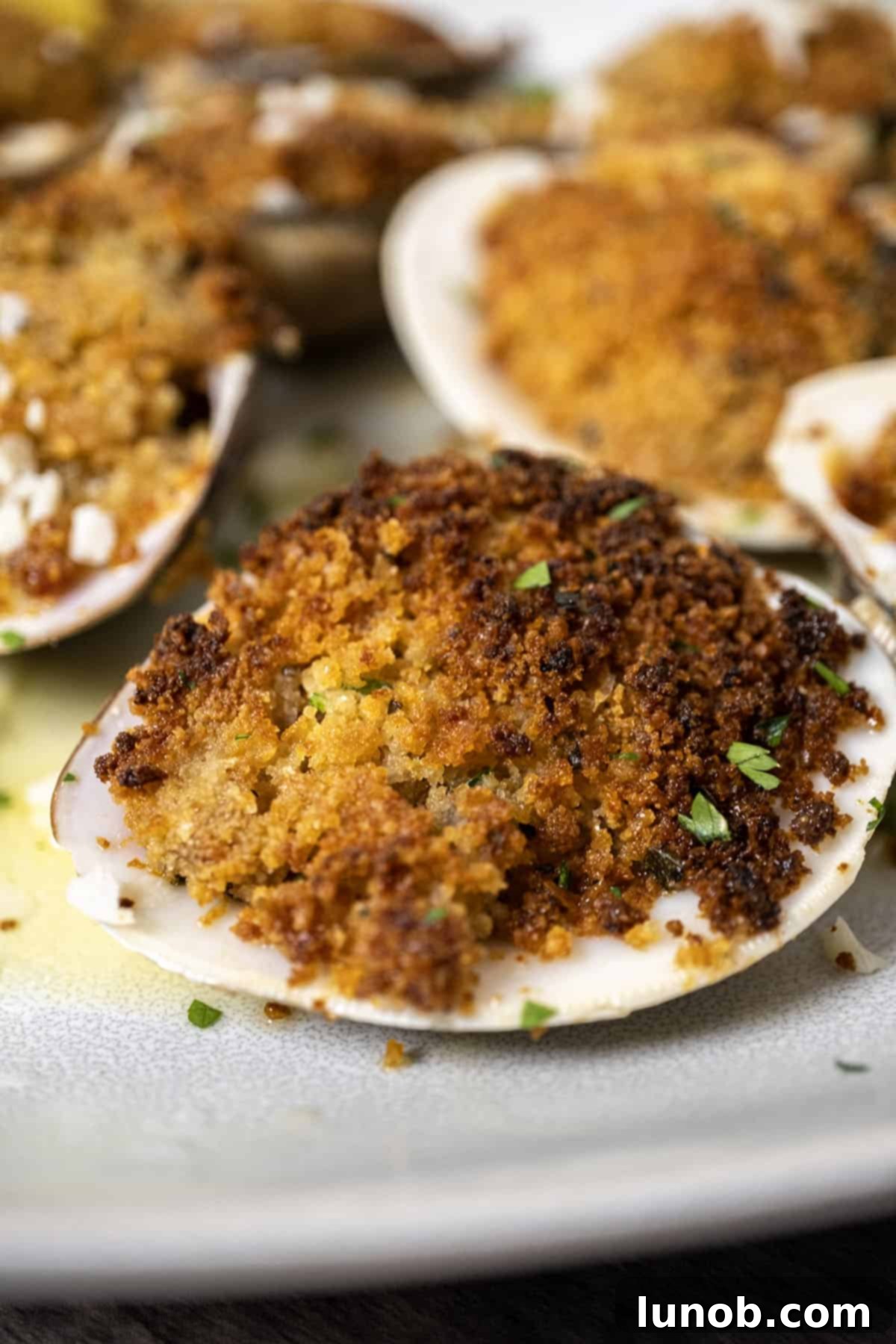 Classic Italian Stuffed Clams 10 Single baked clam on a plate.