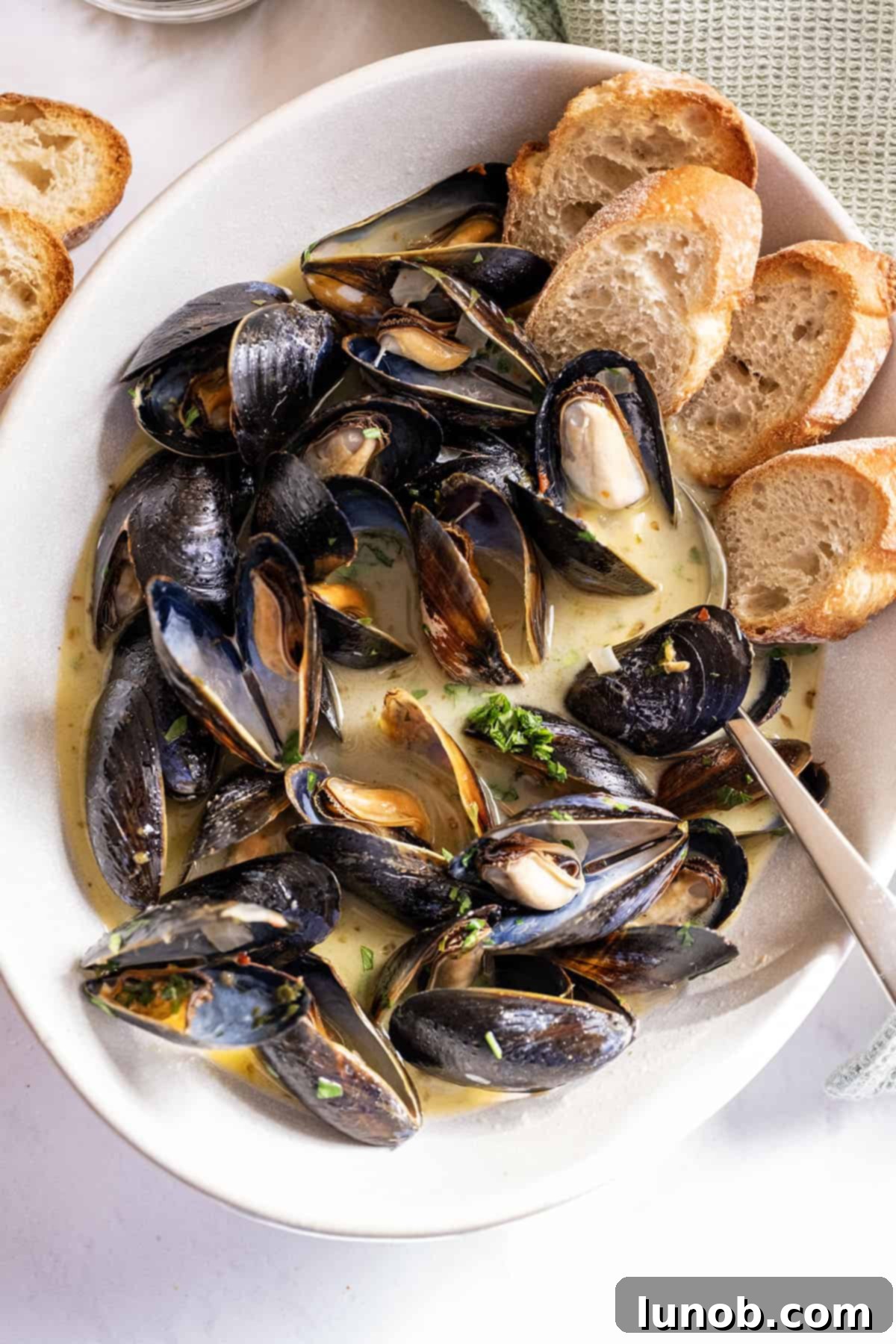 Mussels in Savory White Wine Broth 10 Beautifully plated steamed mussels in a serving bowl, glistening with white wine sauce, accompanied by golden crostini.