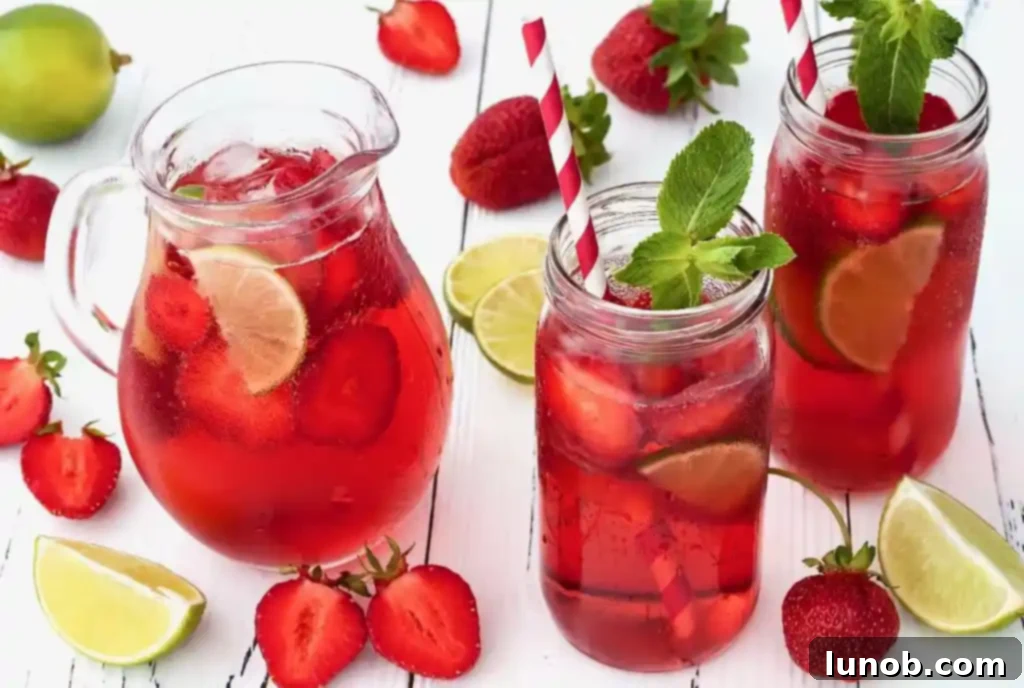 Finished Strawberry Rhubarb Mojitos garnished with fruit and mint