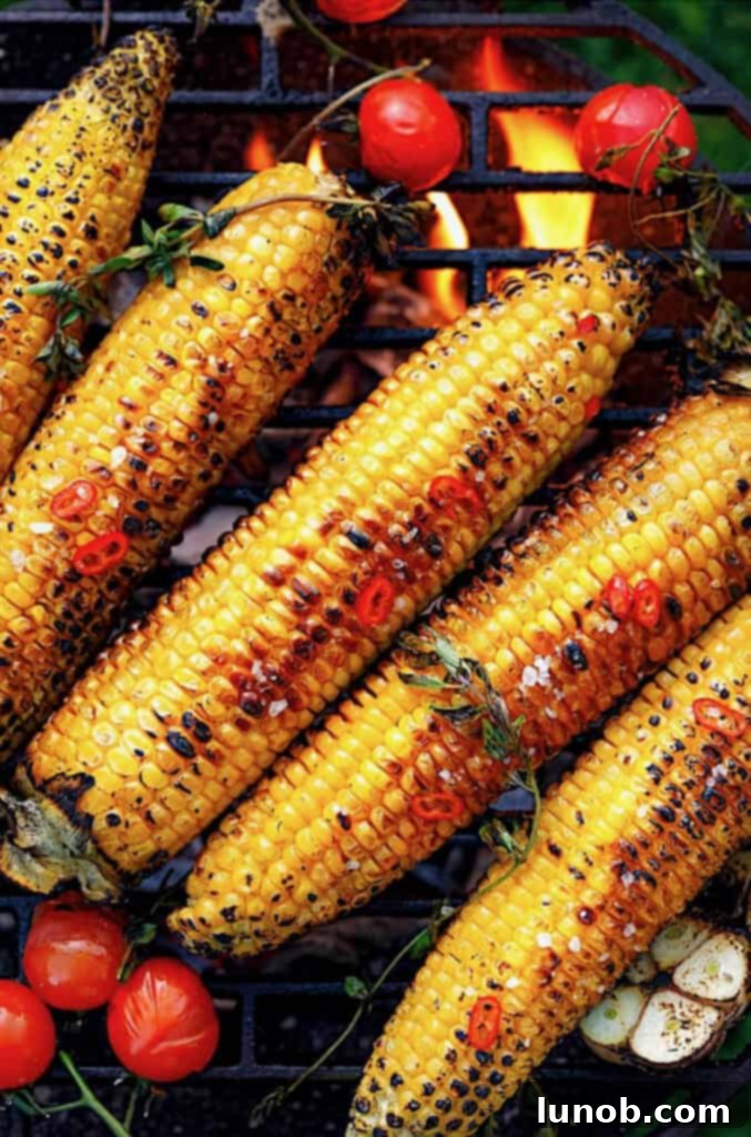 Grilled corn on the cob with char marks.