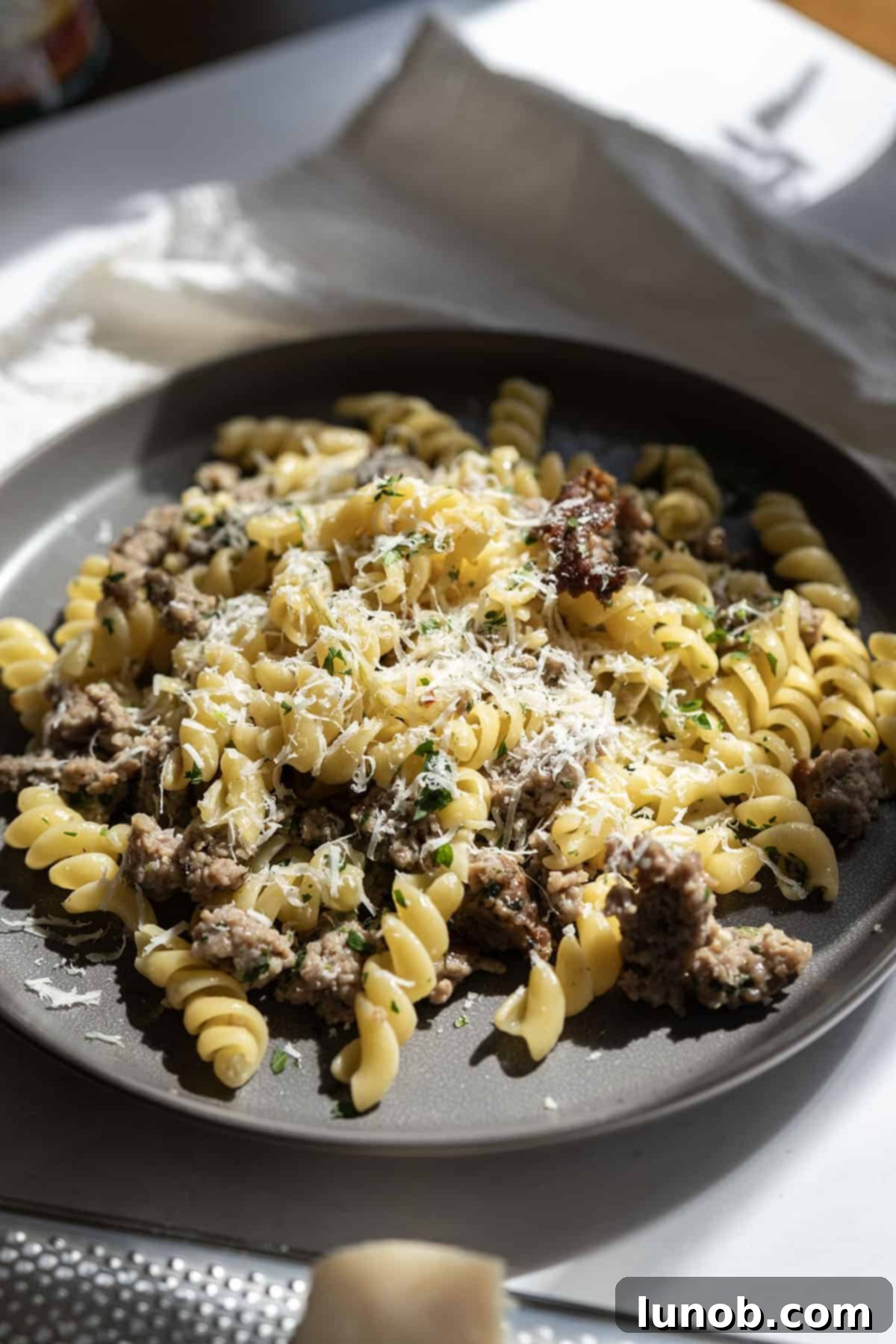 Rustic Sausage and Fennel Pasta 2 Freshly cooked sausage and fennel pasta garnished with parsley and grated Parmesan cheese in a bowl.