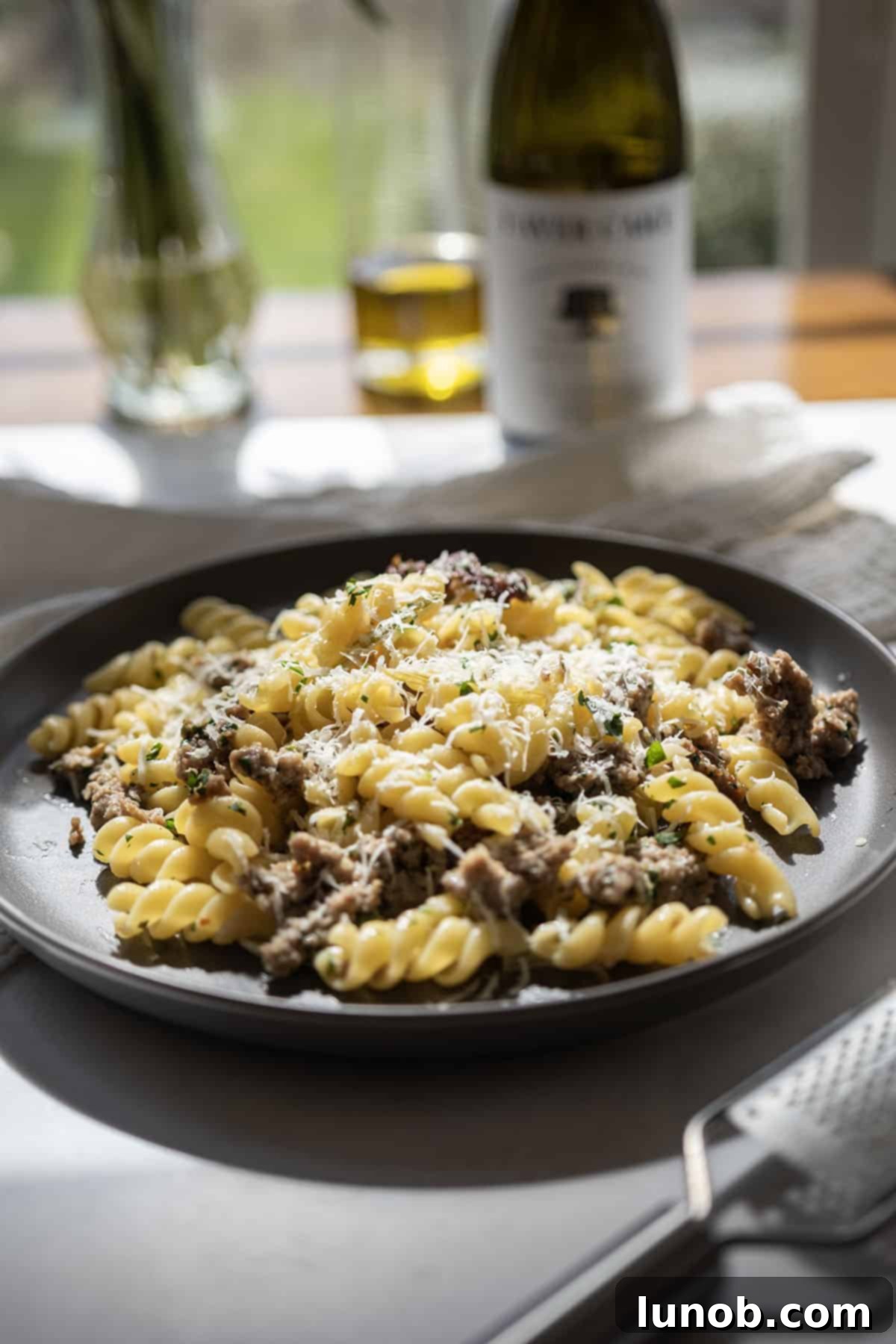 Rustic Sausage and Fennel Pasta 9 Close-up of a serving of sausage and fennel pasta, garnished with fresh herbs and cheese.