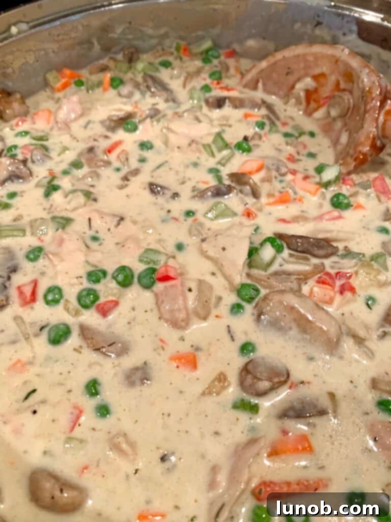 Turkey Tetrazzini: Cheesy Italian Delight with Crispy Garlic Butter Topping 20 Stirring all the ingredients together for the Turkey Tetrazzini filling