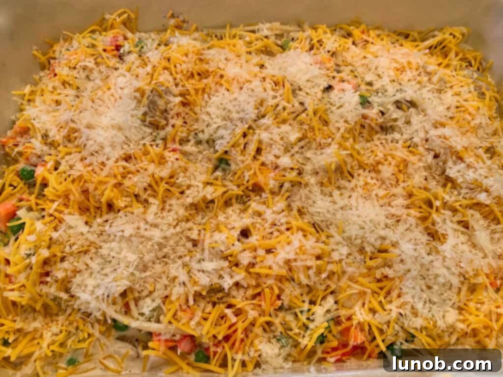 Turkey Tetrazzini: Cheesy Italian Delight with Crispy Garlic Butter Topping 24 Sprinkling freshly grated Parmesan cheese over Turkey Tetrazzini