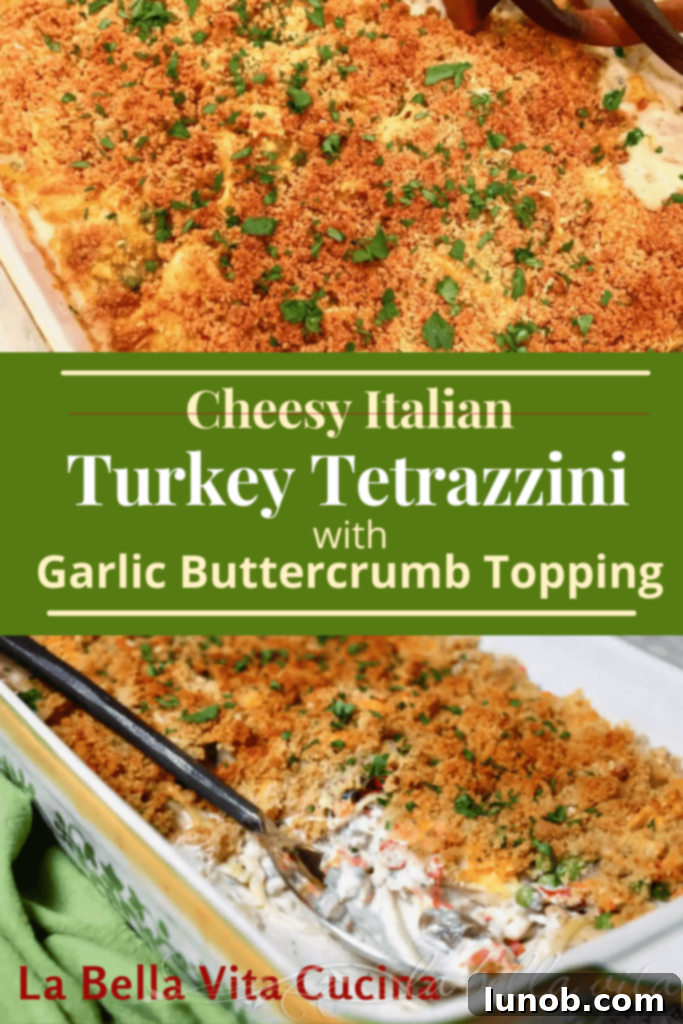 Cheesy Italian Turkey Tetrazzini with Garlic Buttercrumb Topping - Save this recipe for a delightful comfort food meal!