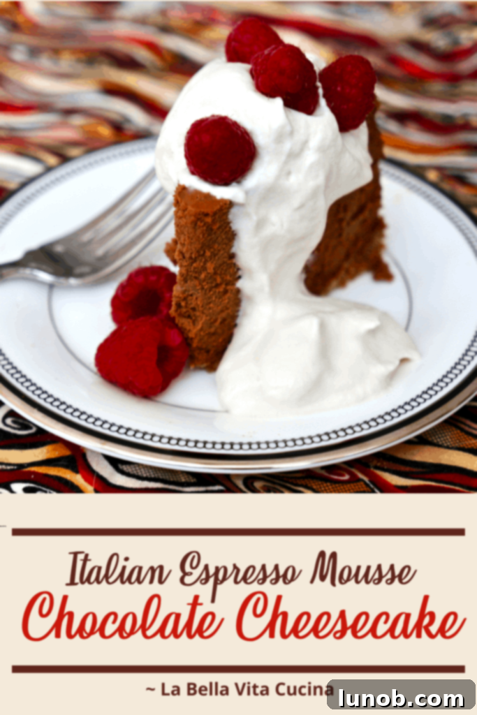Pinterest image for Chocolate Espresso Mousse Cheesecake recipe