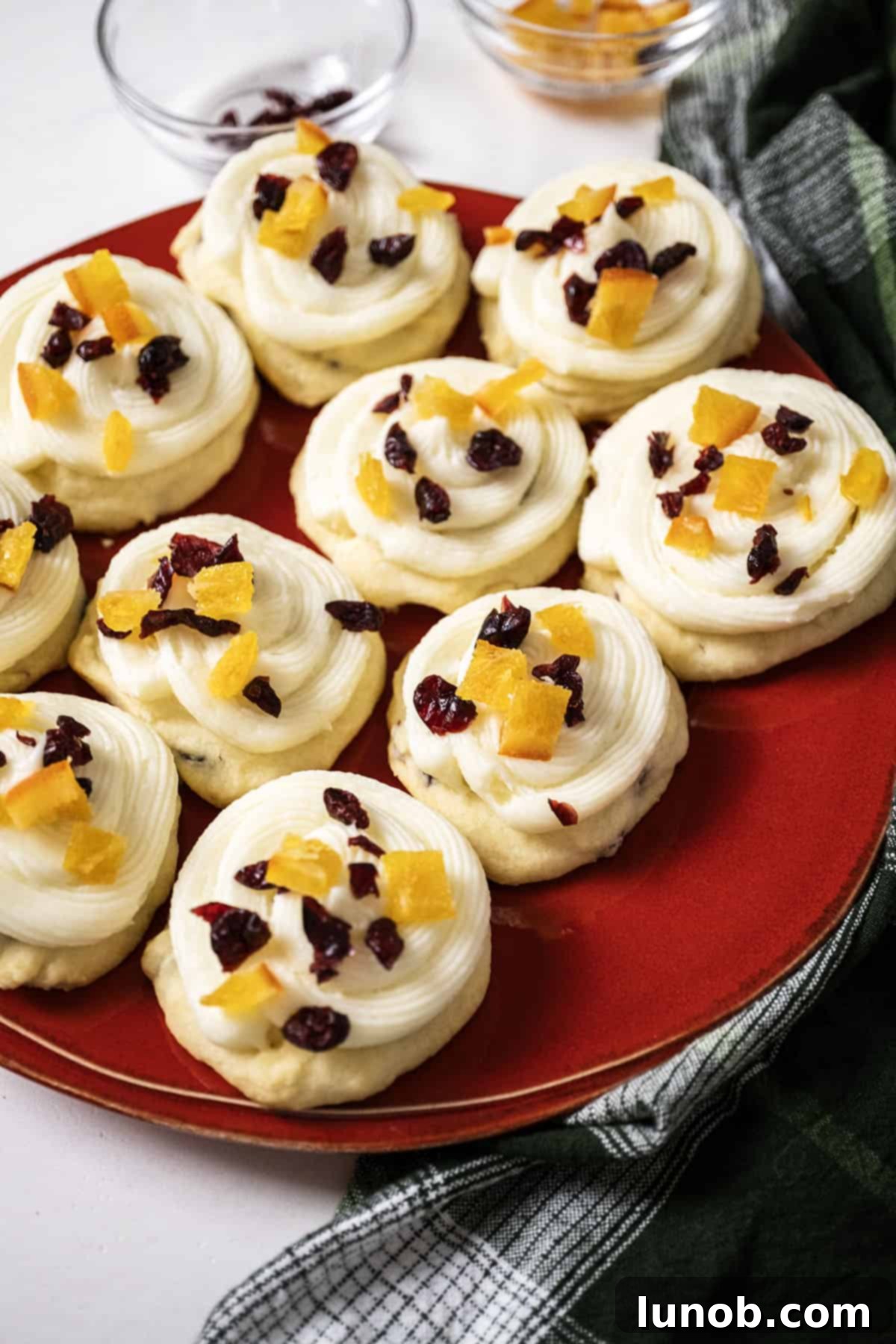 Close-up of cranberry and orange shortbread cookies, beautifully frosted and garnished with dried cranberries and candied oranges, ready to be enjoyed.