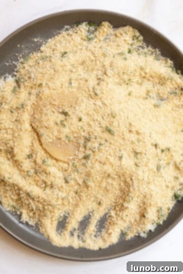 Chicken breast dredged in breadcrumbs.