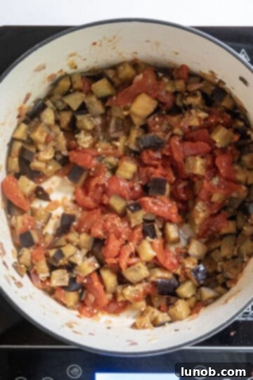 Crushed whole plum tomatoes being added to the pan with eggplant