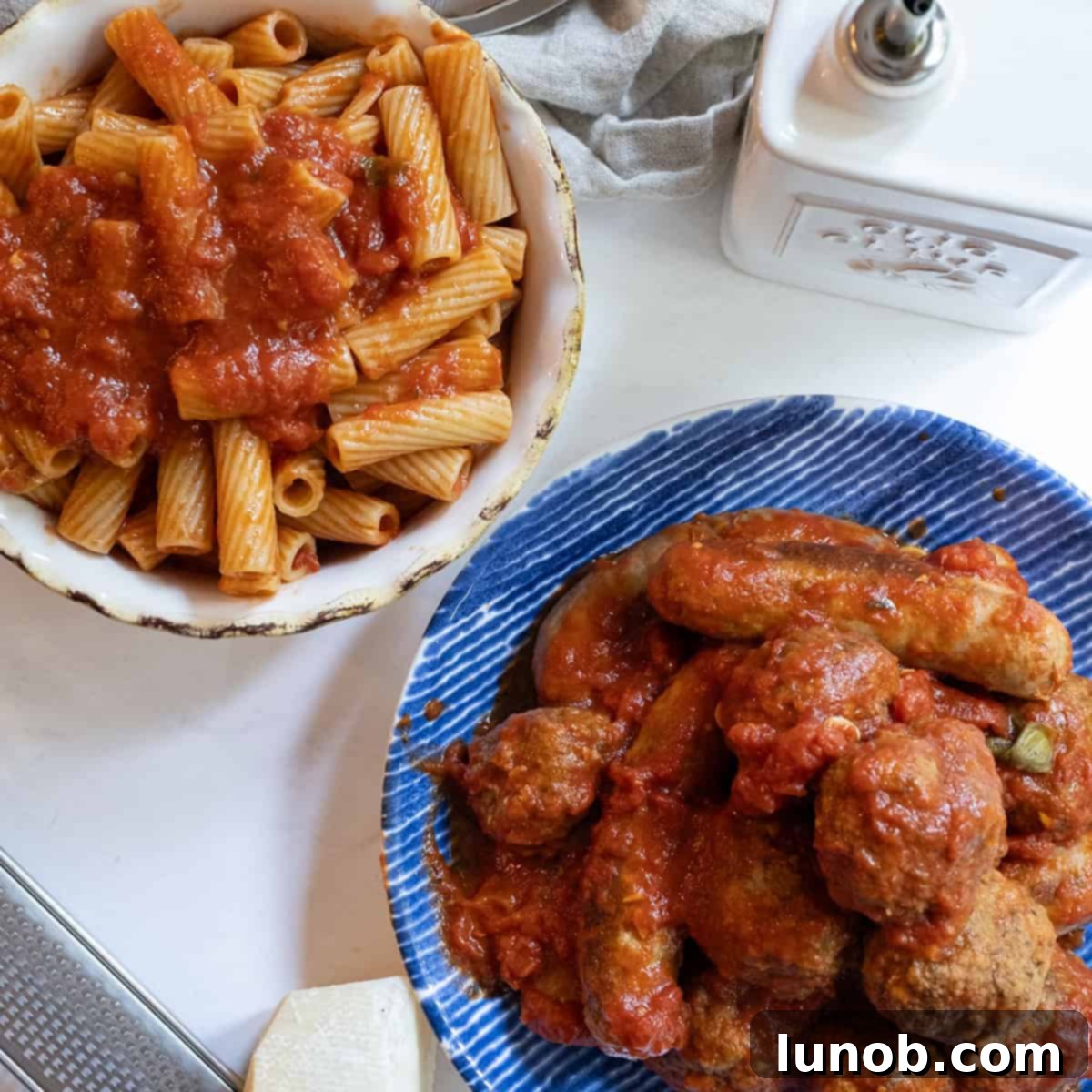 Nonna's Sunday Gravy 12 A beautiful plate of pasta generously coated with Sunday sauce, accompanied by a side of tender meatballs and savory Italian sausages.