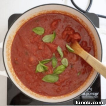 Nonna's Sunday Gravy 9 Hand-crushed tomatoes and fresh basil leaves added to the pot with the caramelized tomato paste and garlic.