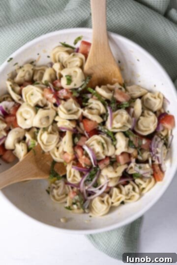 Summer Caprese Tortellini Medley 7 mixing ingredients into tortellini salad