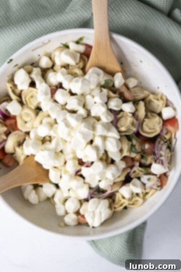 Summer Caprese Tortellini Medley 8 mixing mozzarella balls into salad