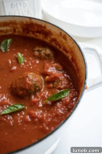 A large pot brimming with tender meatballs immersed in a vibrant red tomato sauce, garnished with fresh basil leaves.