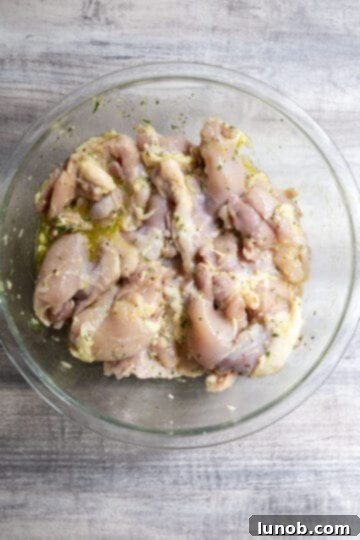Zesty Grilled Lemon Pepper Chicken Thighs 5 Chicken thighs marinating in the lemon pepper mixture in a large bowl
