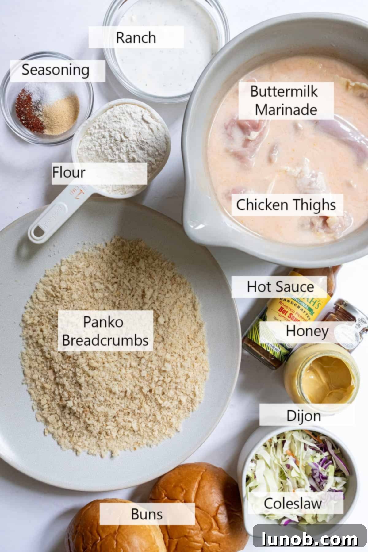 Blazing Honey Chicken Sandwich 3 Ingredients for the recipe, including chicken, sauces, and seasonings.