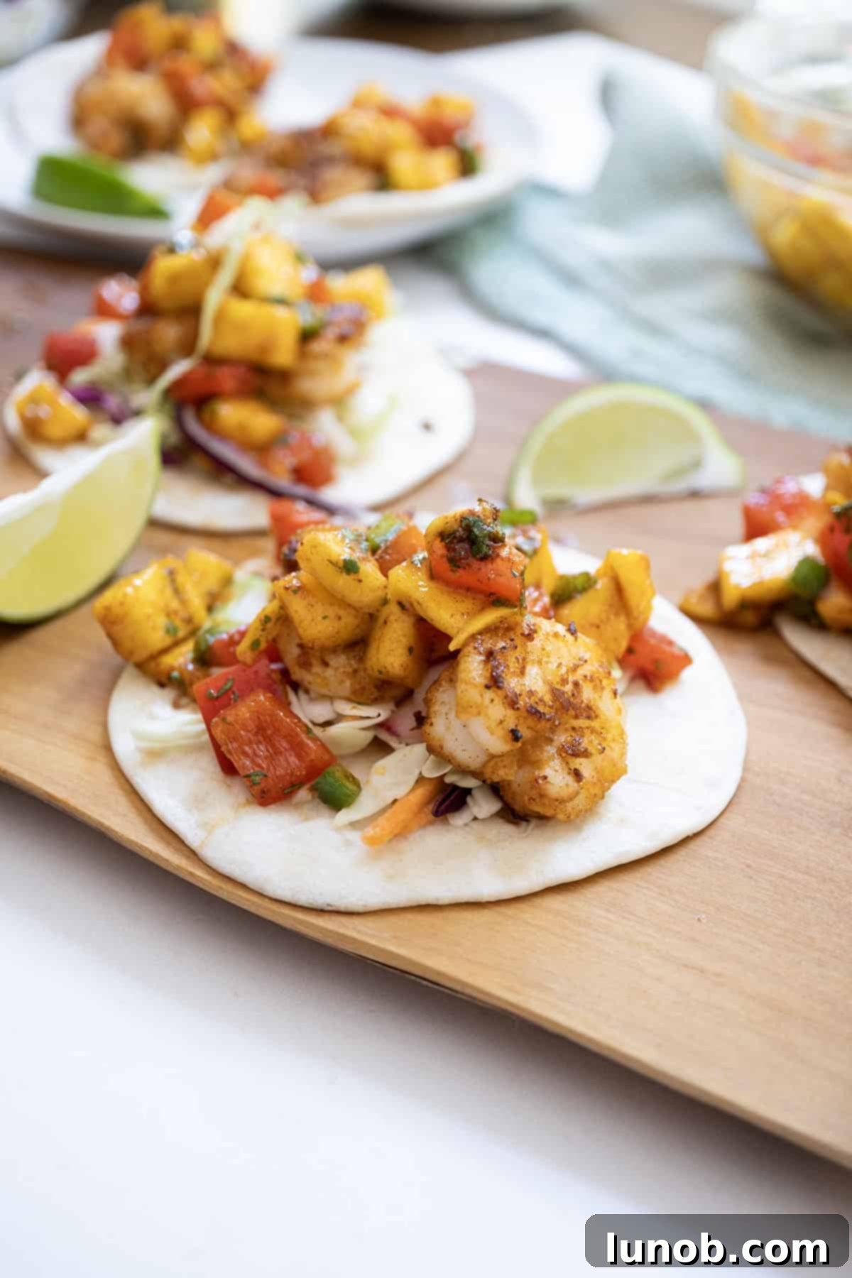 Shrimp Tacos with mango salsa, arranged on a white plate with fresh lime wedges, showcasing their vibrant colors and appetizing presentation.