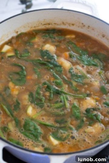 Hearty White Bean and Lentil Soup 11 Wilted spinach mixed into the hearty white bean lentil soup, ready for serving.
