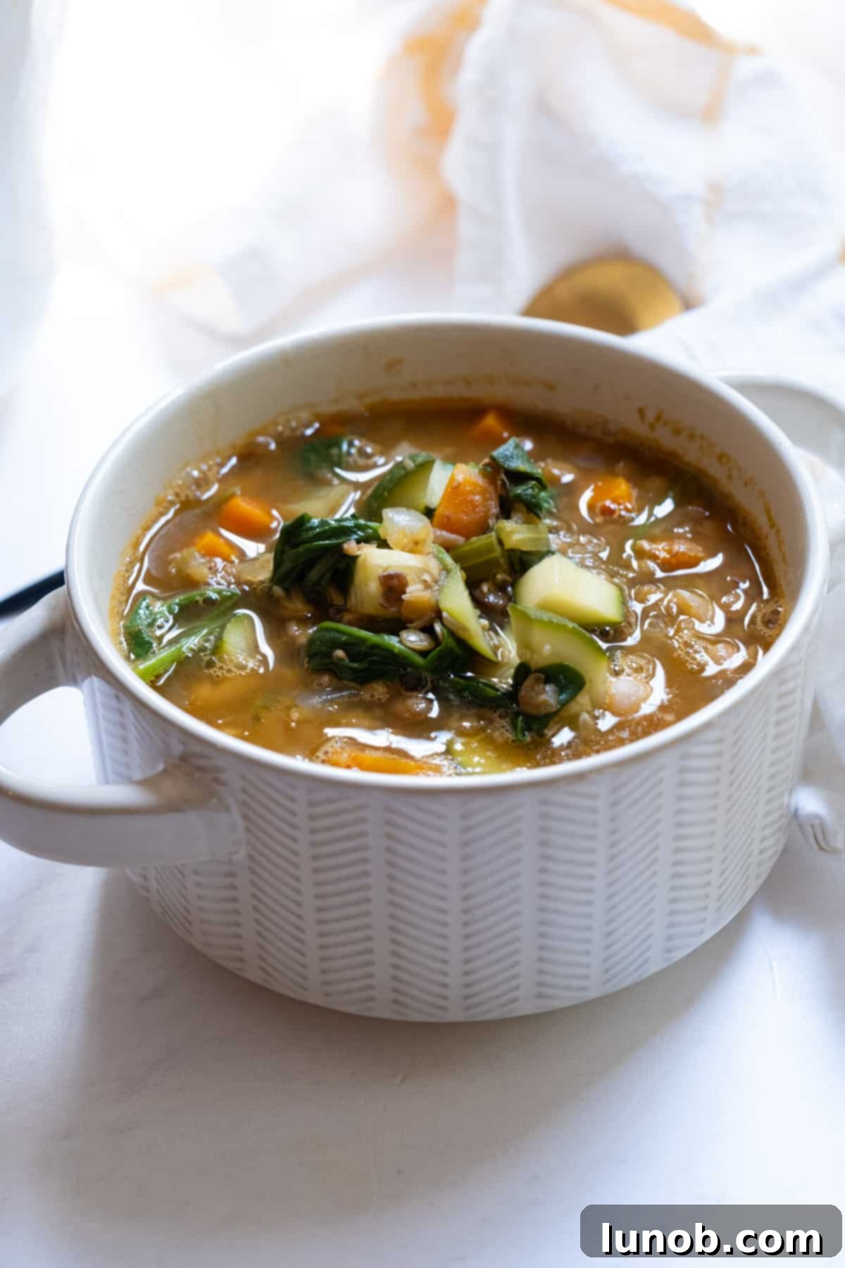 Hearty White Bean and Lentil Soup 13 A beautiful bowl of white bean and lentil soup, garnished with fresh herbs and a slice of lemon, ready to be enjoyed.