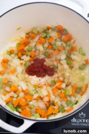 Hearty White Bean and Lentil Soup 5 Tomato paste stirred into the sautéed soffritto vegetables in a pot, creating a rich base for the white bean and lentil soup.