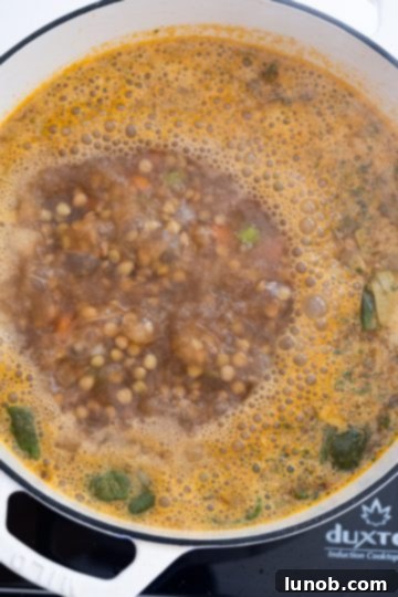 Hearty White Bean and Lentil Soup 8 A close-up of the lentil soup gently boiling in the pot, with steam rising.