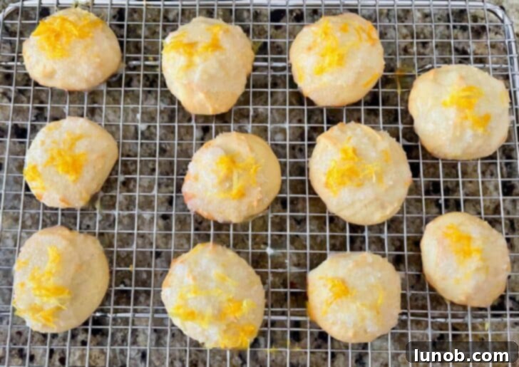 Limoncello Dokunuşlu Limonlu Ricotta Kurabiyeleri 12 Freshly glazed Italian lemon ricotta cookies with grated lemon zest on a wire rack