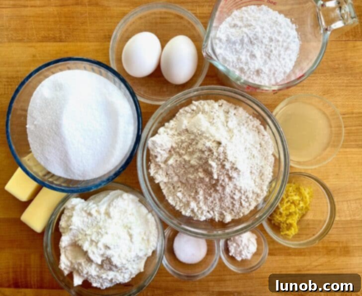 Limoncello Dokunuşlu Limonlu Ricotta Kurabiyeleri 5 All the measured ingredients for Italian lemon ricotta cookies laid out on a kitchen counter