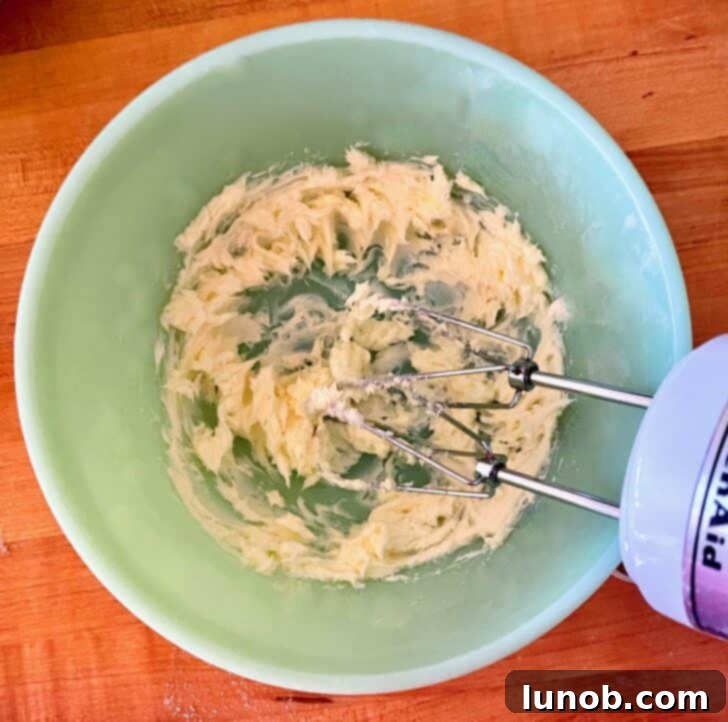 Limoncello Dokunuşlu Limonlu Ricotta Kurabiyeleri 6 Close-up of butter and sugar being creamed together in a mixing bowl with an electric mixer