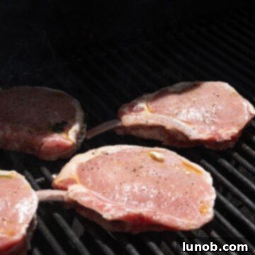 Smoky Grilled Stuffed Pork Chops 8 Seasoned pork chops placed on the grill.