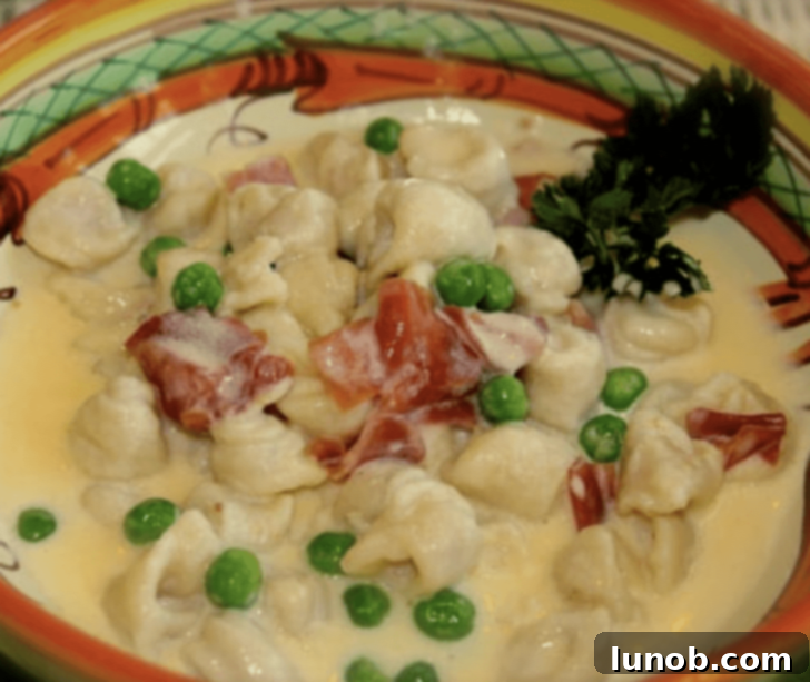 Italian Easter & Spring Feasts: 49 Delicious Recipes 12 Creamy Tortellini all Panna with Prosciutto and fresh peas