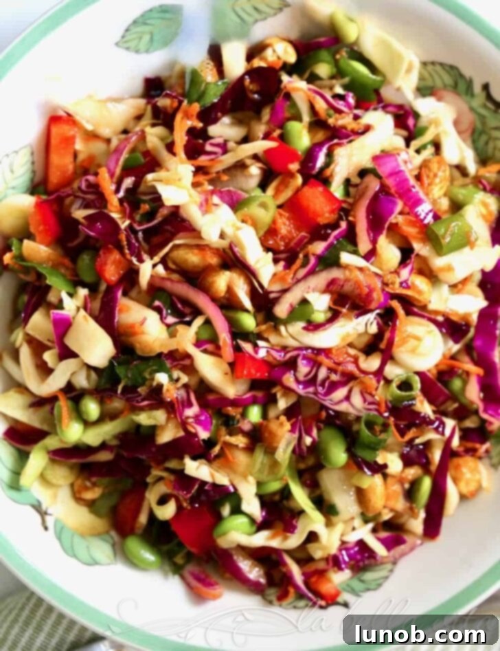 A beautifully arranged Asian Chopped Salad in a white bowl, showcasing colorful vegetables like red cabbage, carrots, edamame, and peanuts.
