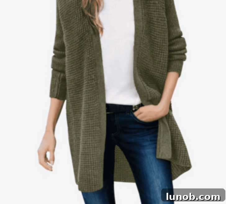 Woman Within Open Front Waffle Cardigan in Dark Olive and Charcoal, a versatile layering piece.