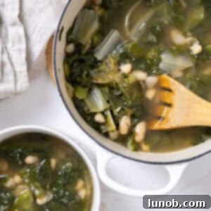 A dutch oven filled with escarole and beans along with a bowl of the same.
