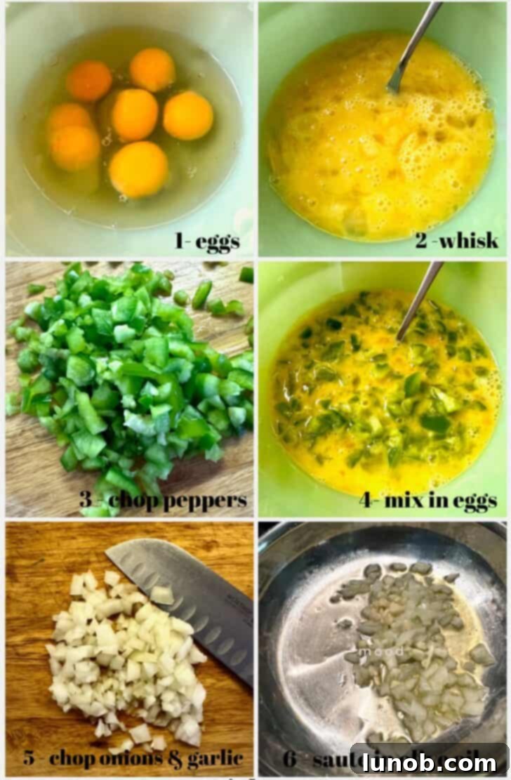 Step-by-step image showing ingredients for cheesy Italian frittata prepped in a bowl.
