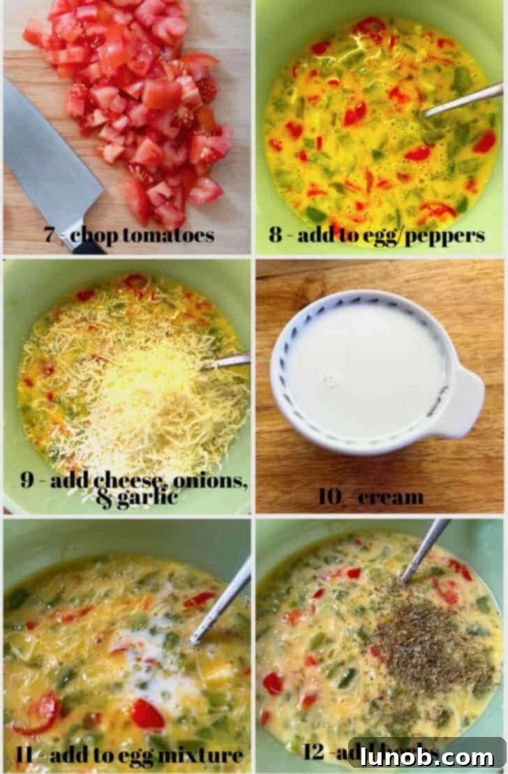 Step-by-step image showing onions and garlic sautéing in a skillet for cheesy Italian frittata.