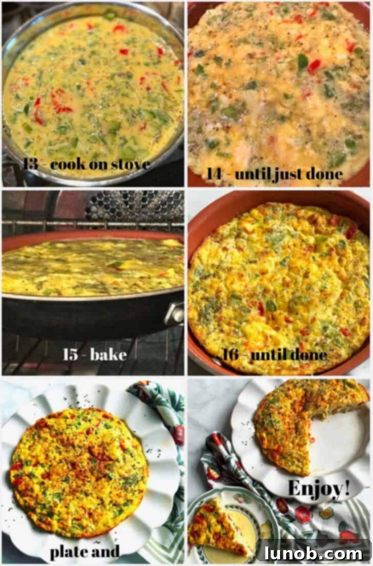 Step-by-step image showing egg mixture with cheese, peppers, and tomatoes being poured into a skillet for cheesy Italian frittata.