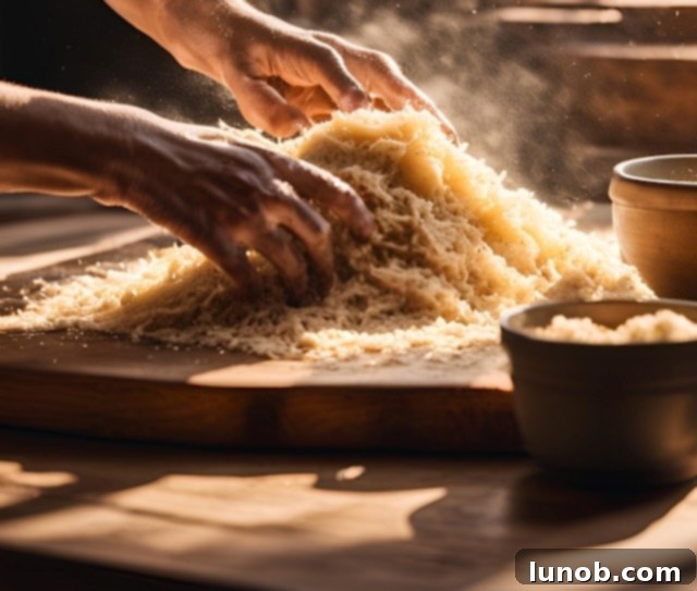 Mixing flour and nutmeg with riced potatoes.