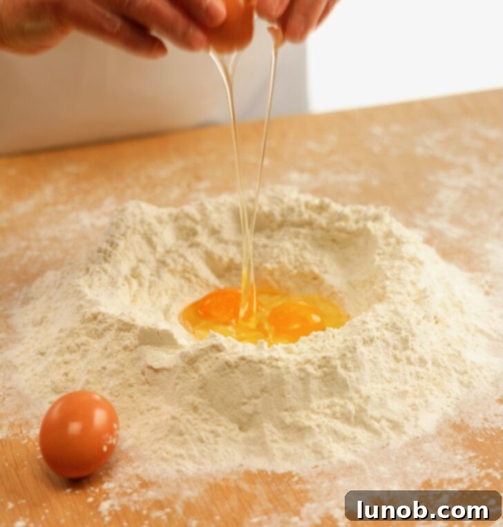 Pouring eggs into the well of potato dough.