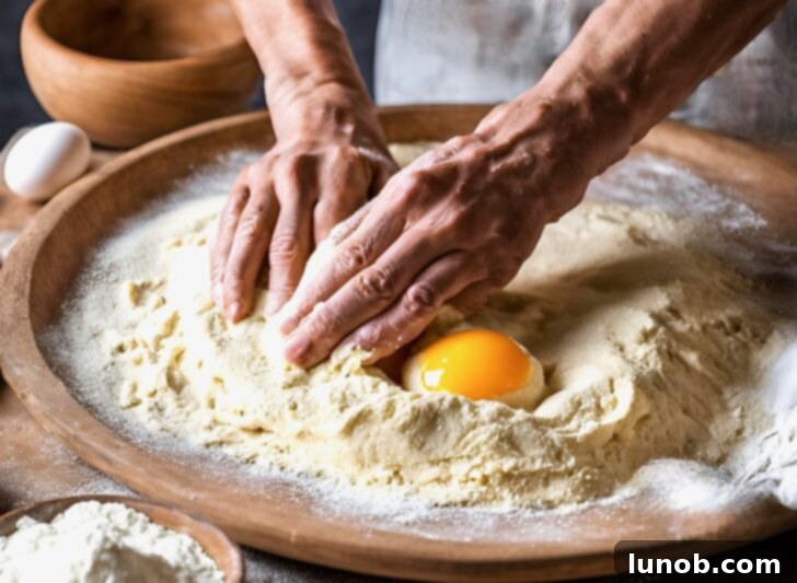 Gently incorporating egg into potato dough with hands.
