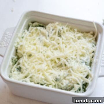 Creamy No-Mayo Spinach Artichoke Dip 7 Spinach and artichoke dip topped with mozzarella.