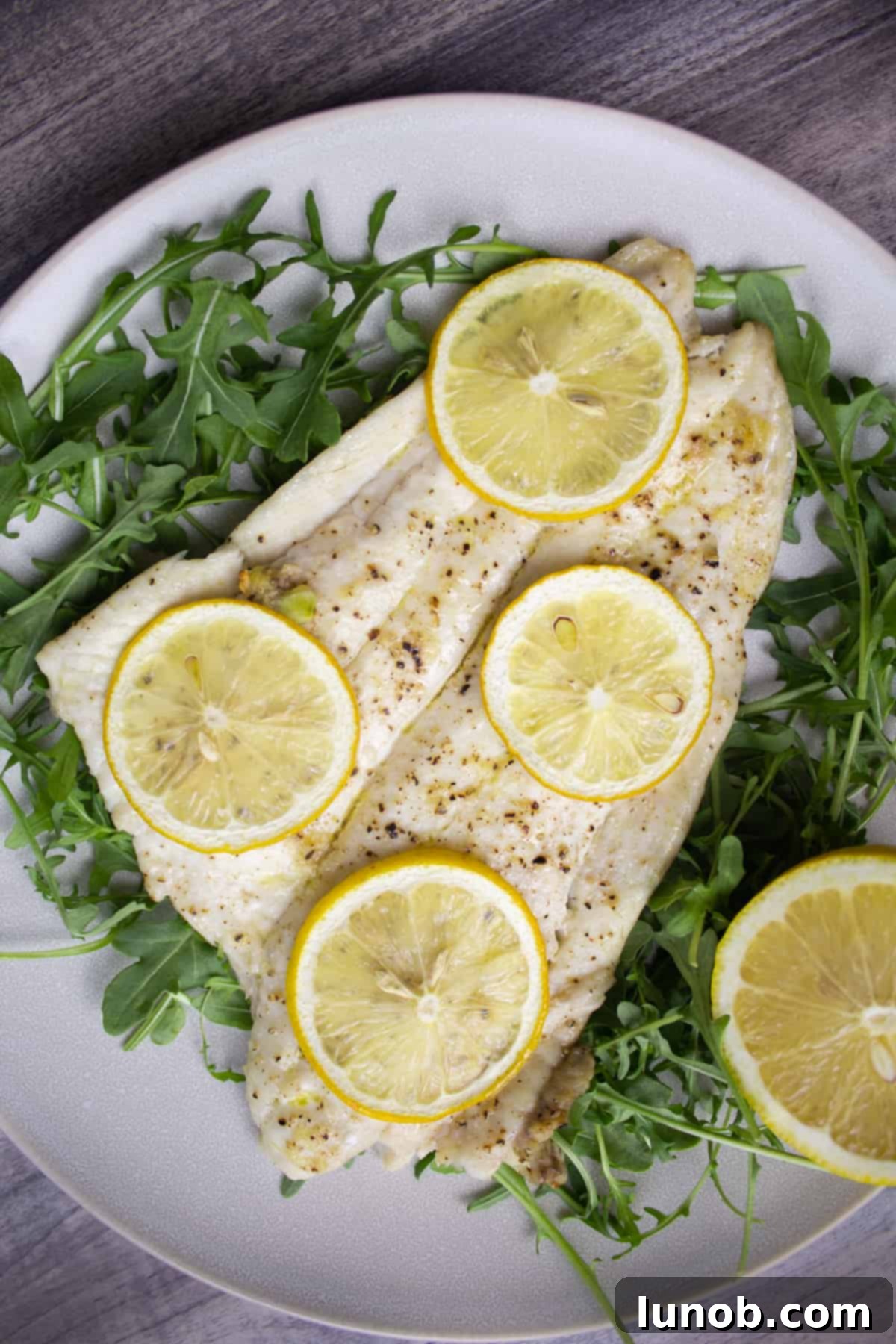 broiled lemon over arugula topped with lemon slices and seasoned with salt and pepper