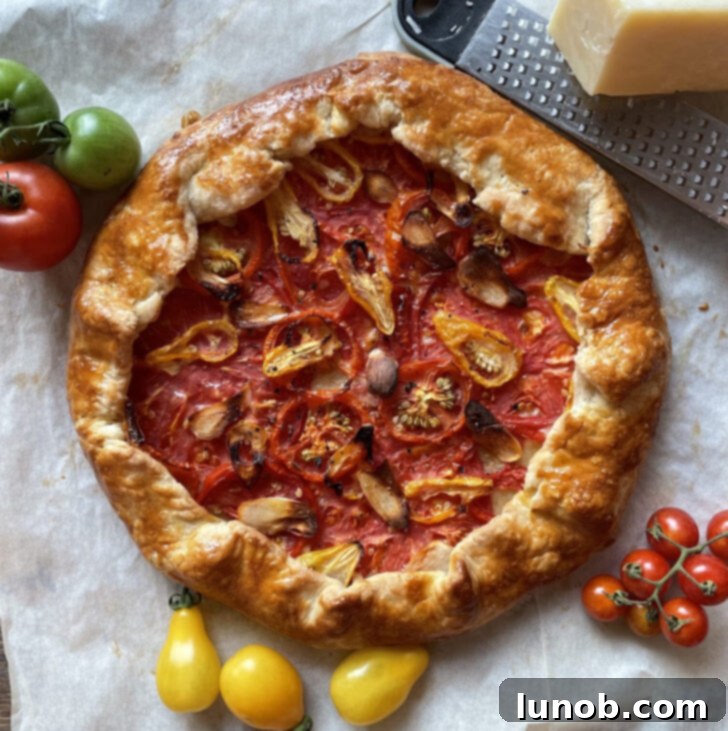 A tomato and Asiago cheese galette.