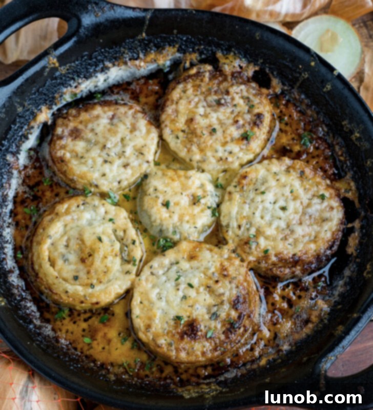 Roasted onions topped with melted Asiago cheese.