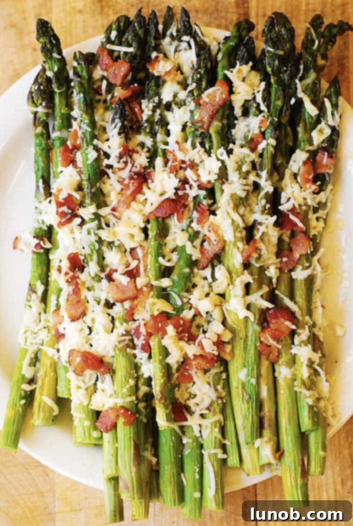 Roasted asparagus with Asiago cheese and bacon.
